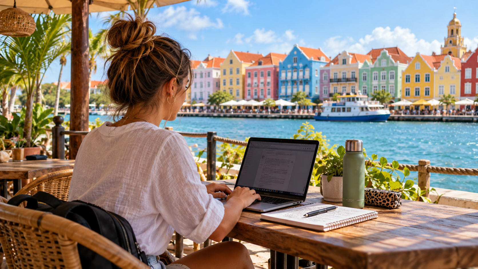 Studente met laptop aan het water met uitzicht op kleurrijk Willemstad op Curaçao.