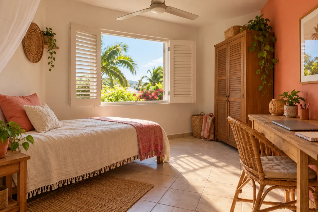 Illustratieve studentenkamer met bed en bureau voor wie stage wil lopen op Curaçao.